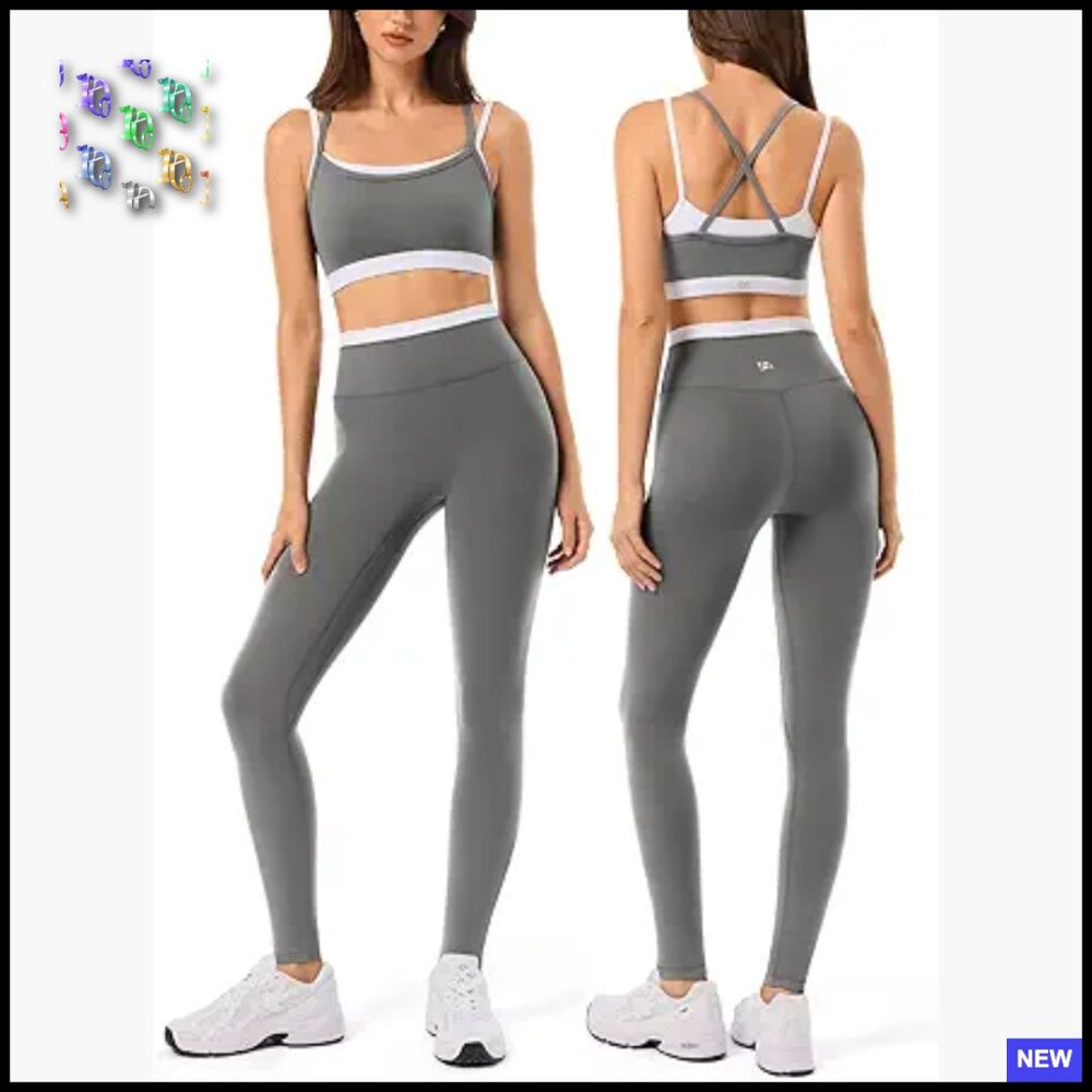 Seamless Workout Set Double Layer Sports Bra Leggings Gym Casual Yoga
